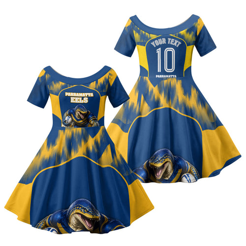Personalised Parramatta Eels Mascot Rugby Family Matching Off The Shoulder Long Sleeve Dress and Hawaiian Shirt Parramatta Cityscape Athletic Graphic Print