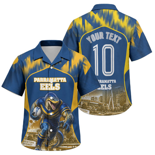 Personalised Parramatta Eels Mascot Rugby Family Matching Off The Shoulder Long Sleeve Dress and Hawaiian Shirt Parramatta Cityscape Athletic Graphic Print