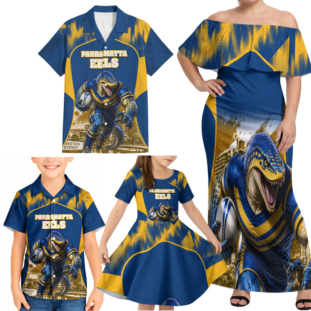 Personalised Parramatta Eels Mascot Rugby Family Matching Off Shoulder Maxi Dress and Hawaiian Shirt Parramatta Cityscape Athletic Graphic Print