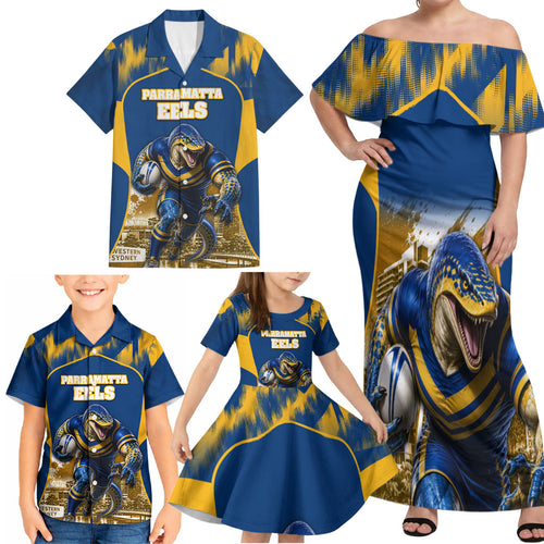 Personalised Parramatta Eels Mascot Rugby Family Matching Off Shoulder Maxi Dress and Hawaiian Shirt Parramatta Cityscape Athletic Graphic Print