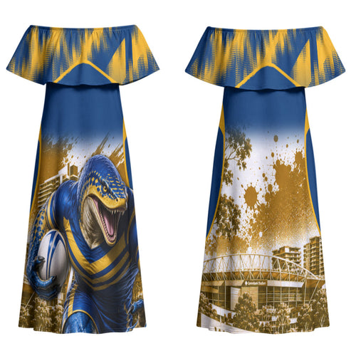 Personalised Parramatta Eels Mascot Rugby Family Matching Off Shoulder Maxi Dress and Hawaiian Shirt Parramatta Cityscape Athletic Graphic Print