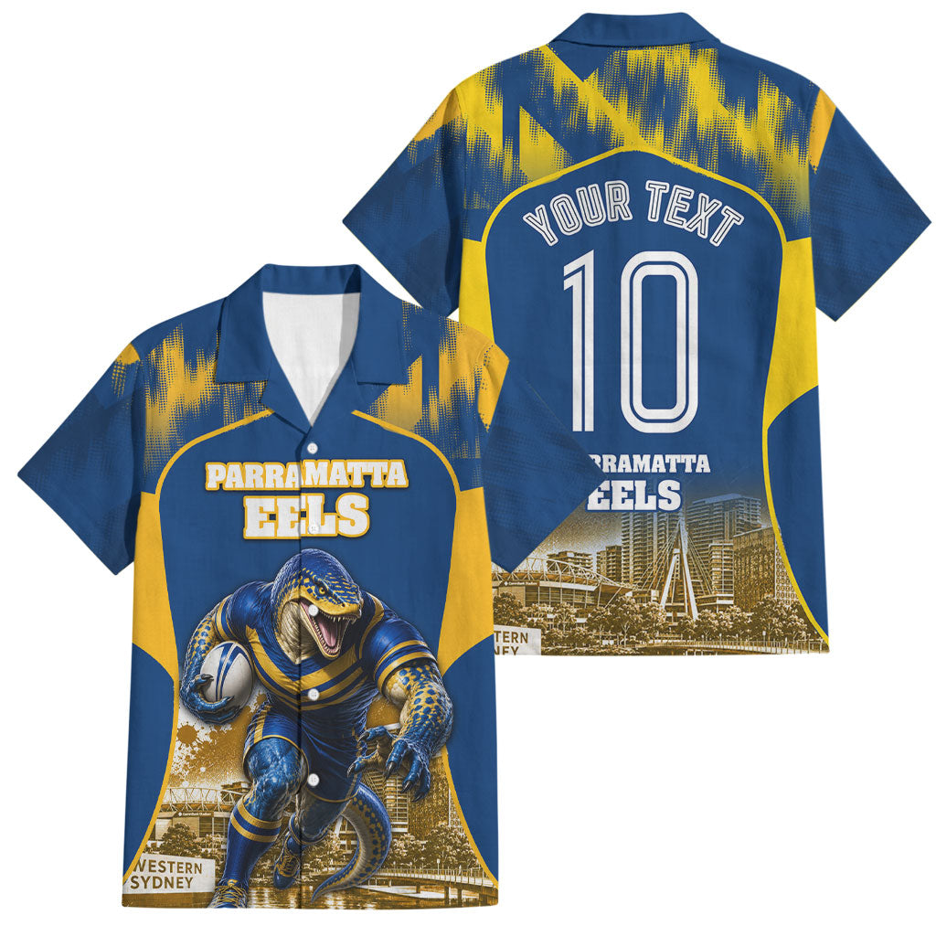 Personalised Parramatta Eels Mascot Rugby Family Matching Off Shoulder Maxi Dress and Hawaiian Shirt Parramatta Cityscape Athletic Graphic Print