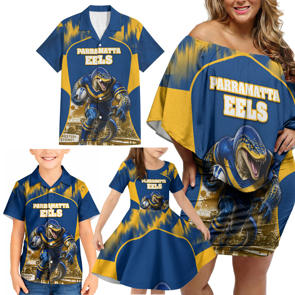 Personalised Parramatta Eels Mascot Rugby Family Matching Off Shoulder Short Dress and Hawaiian Shirt Parramatta Cityscape Athletic Graphic Print
