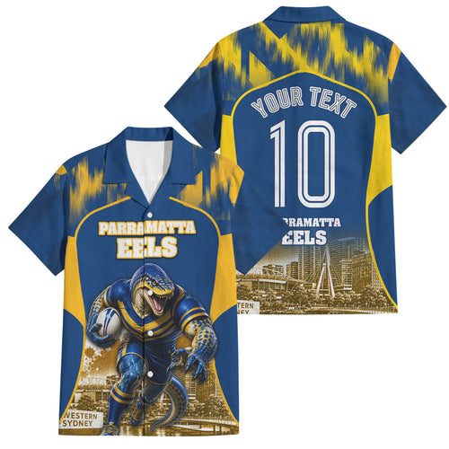 Personalised Parramatta Eels Mascot Rugby Family Matching Off Shoulder Short Dress and Hawaiian Shirt Parramatta Cityscape Athletic Graphic Print