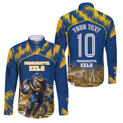 Personalised Parramatta Eels Mascot Rugby Family Matching Off Shoulder Short Dress and Hawaiian Shirt Parramatta Cityscape Athletic Graphic Print