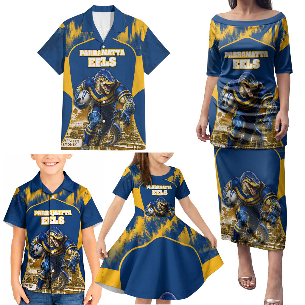 Personalised Parramatta Eels Mascot Rugby Family Matching Puletasi and Hawaiian Shirt Parramatta Cityscape Athletic Graphic Print