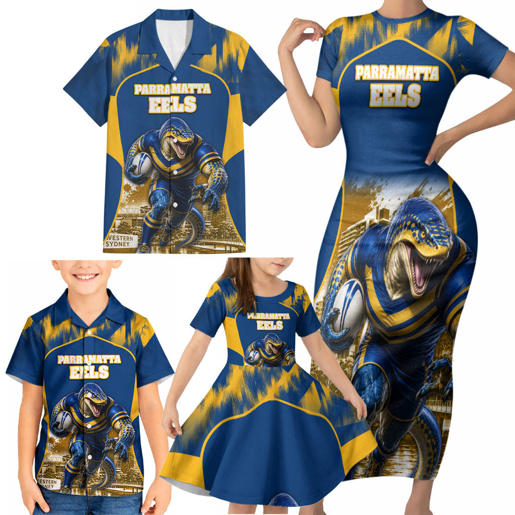 Personalised Parramatta Eels Mascot Rugby Family Matching Short Sleeve Bodycon Dress and Hawaiian Shirt Parramatta Cityscape Athletic Graphic Print