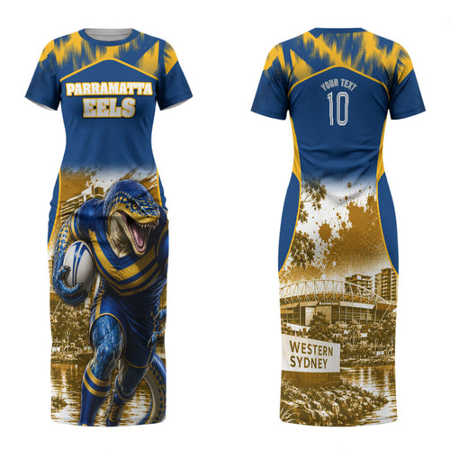 Personalised Parramatta Eels Mascot Rugby Family Matching Short Sleeve Bodycon Dress and Hawaiian Shirt Parramatta Cityscape Athletic Graphic Print