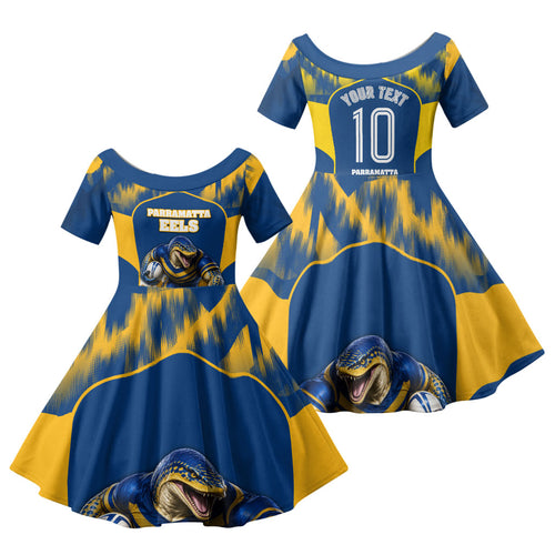 Personalised Parramatta Eels Mascot Rugby Family Matching Short Sleeve Bodycon Dress and Hawaiian Shirt Parramatta Cityscape Athletic Graphic Print