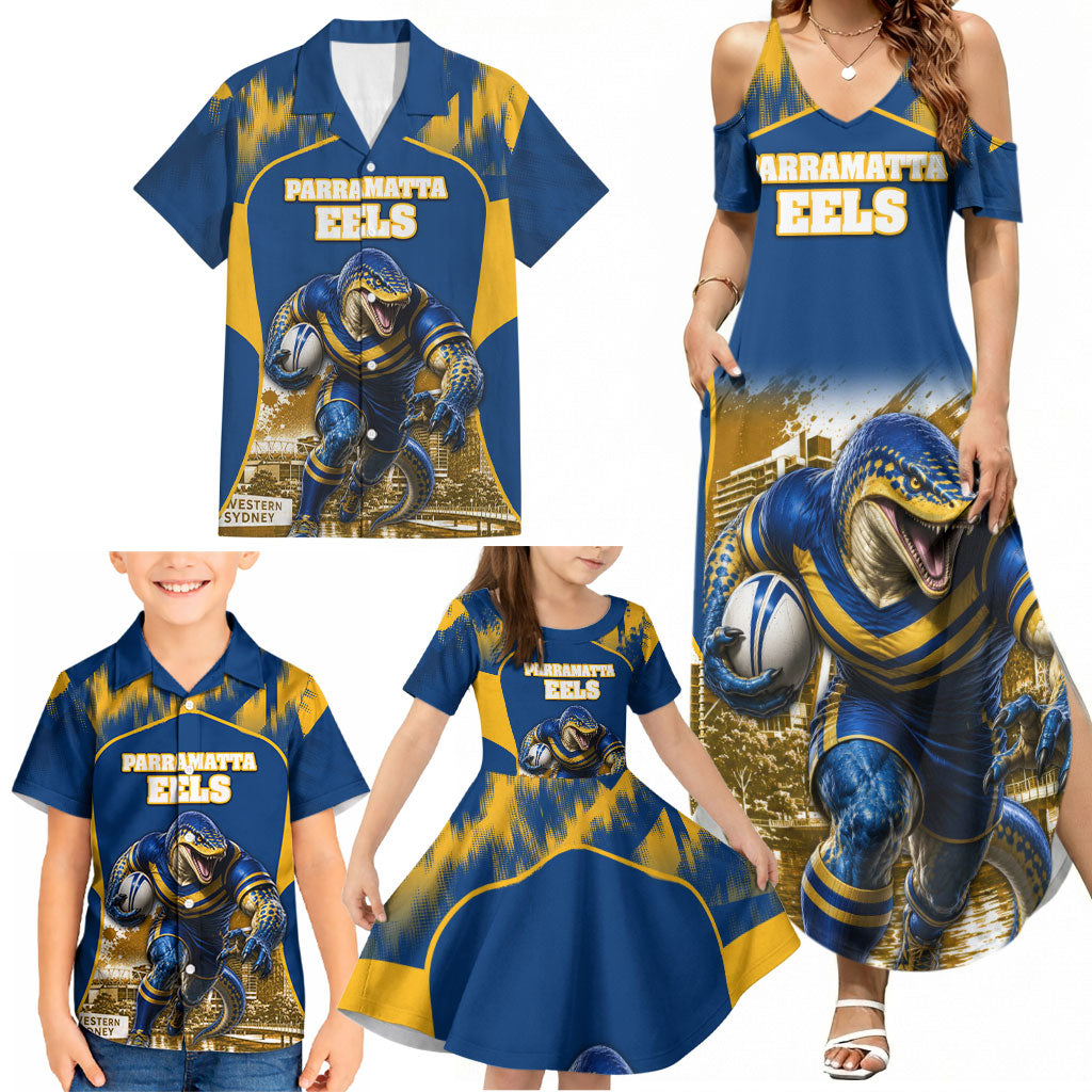 Personalised Parramatta Eels Mascot Rugby Family Matching Summer Maxi Dress and Hawaiian Shirt Parramatta Cityscape Athletic Graphic Print