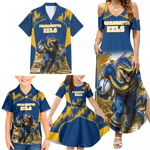 Personalised Parramatta Eels Mascot Rugby Family Matching Summer Maxi Dress and Hawaiian Shirt Parramatta Cityscape Athletic Graphic Print
