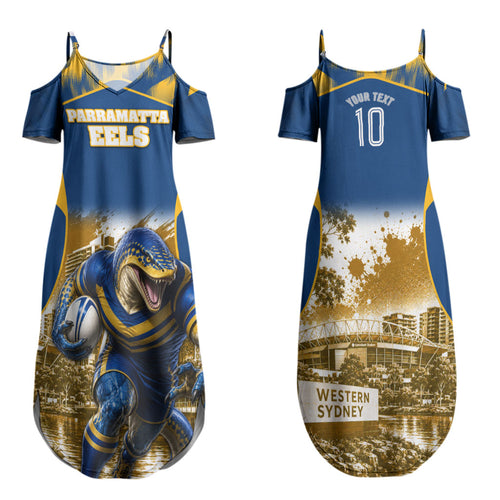 Personalised Parramatta Eels Mascot Rugby Family Matching Summer Maxi Dress and Hawaiian Shirt Parramatta Cityscape Athletic Graphic Print
