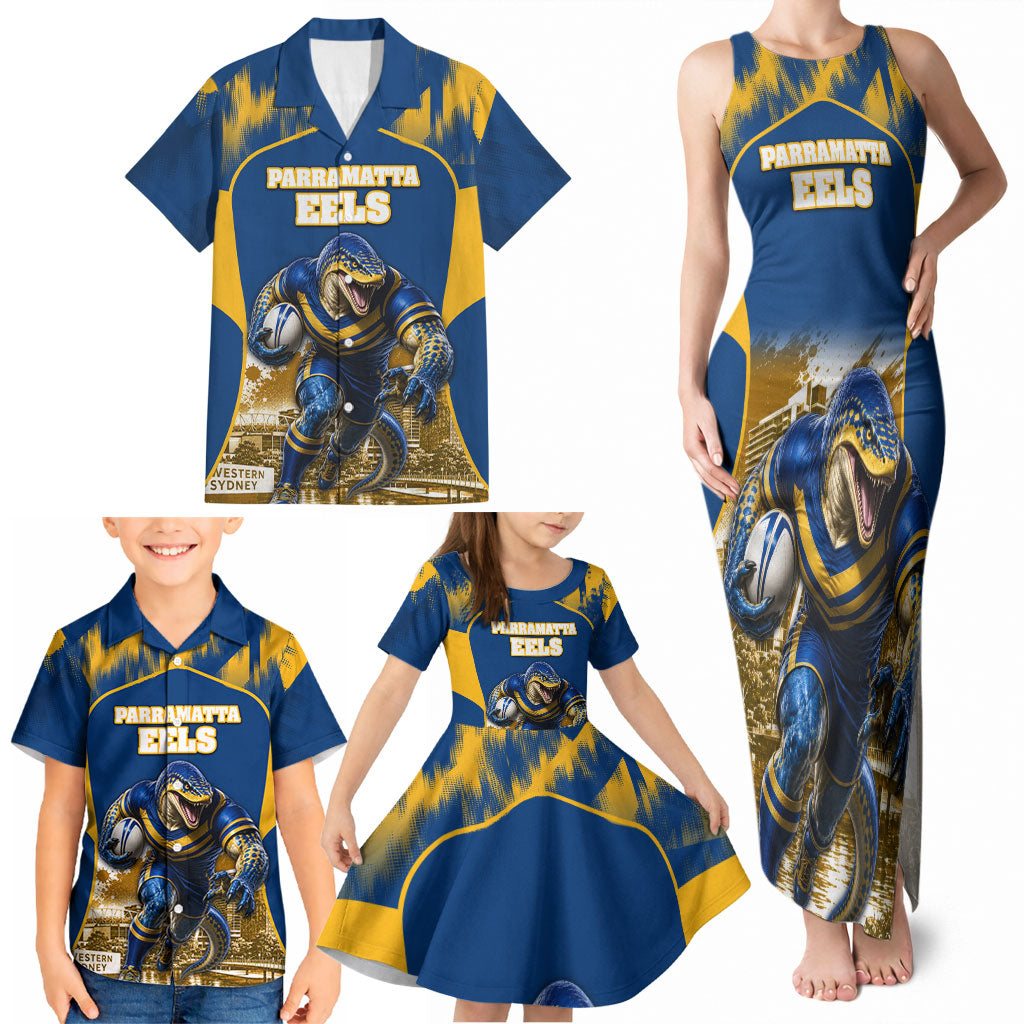 Personalised Parramatta Eels Mascot Rugby Family Matching Tank Maxi Dress and Hawaiian Shirt Parramatta Cityscape Athletic Graphic Print