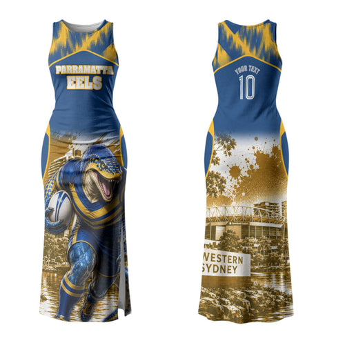 Personalised Parramatta Eels Mascot Rugby Family Matching Tank Maxi Dress and Hawaiian Shirt Parramatta Cityscape Athletic Graphic Print