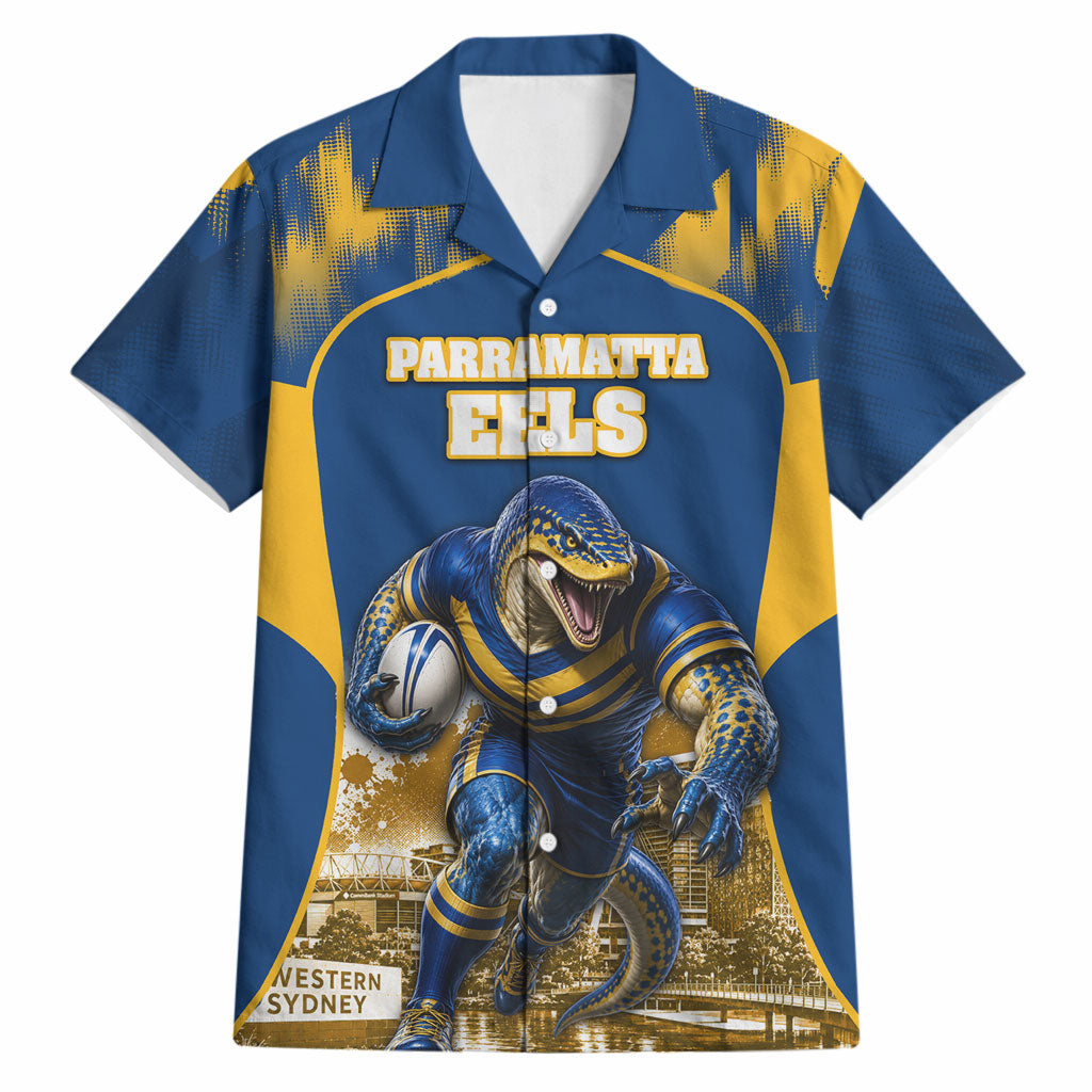 Personalised Parramatta Eels Mascot Rugby Hawaiian Shirt Parramatta Cityscape Athletic Graphic Print