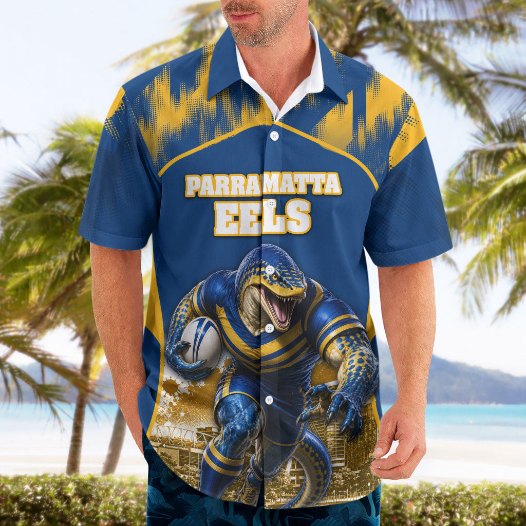 Personalised Parramatta Eels Mascot Rugby Hawaiian Shirt Parramatta Cityscape Athletic Graphic Print