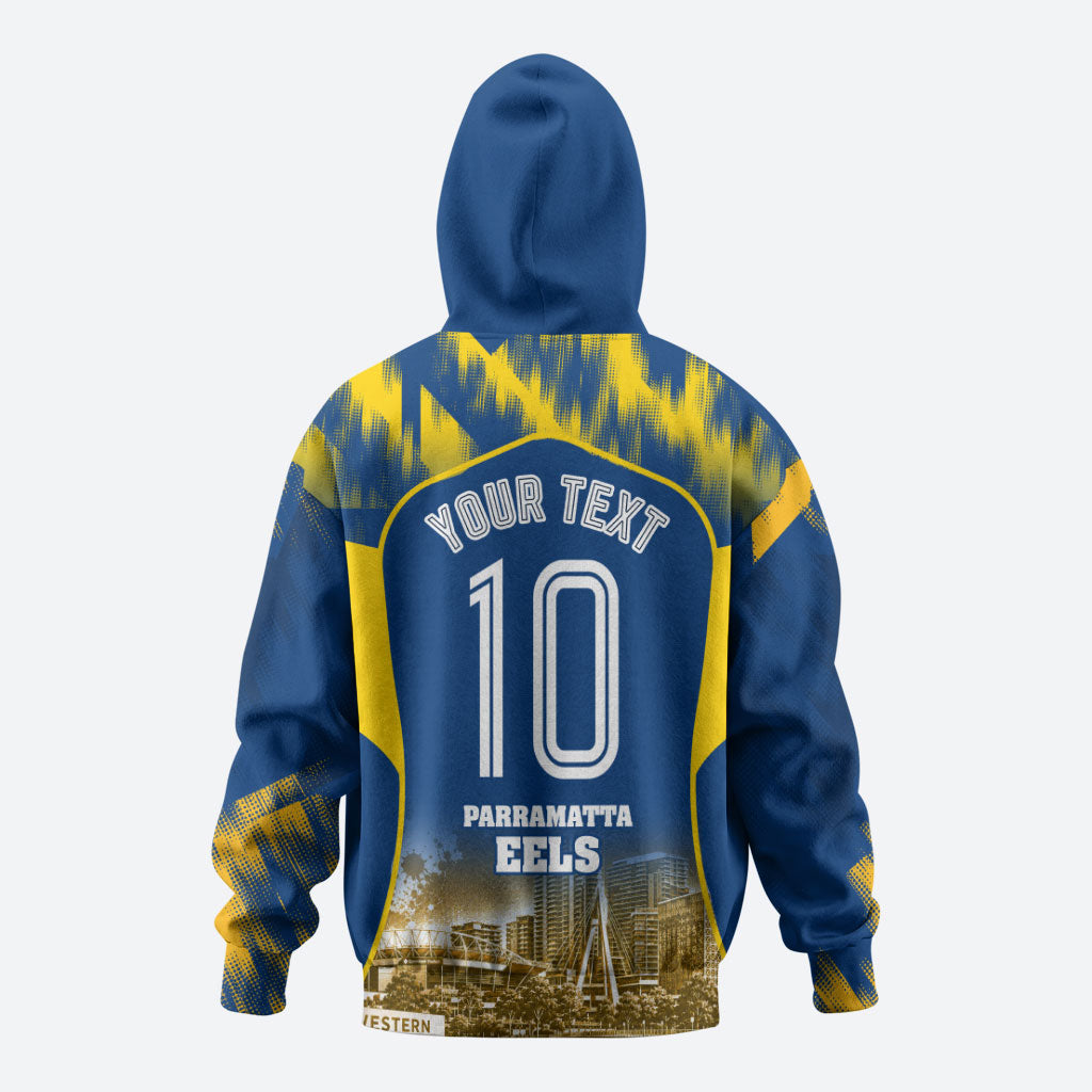 Personalised Parramatta Eels Mascot Rugby Hoodie Parramatta Cityscape Athletic Graphic Print