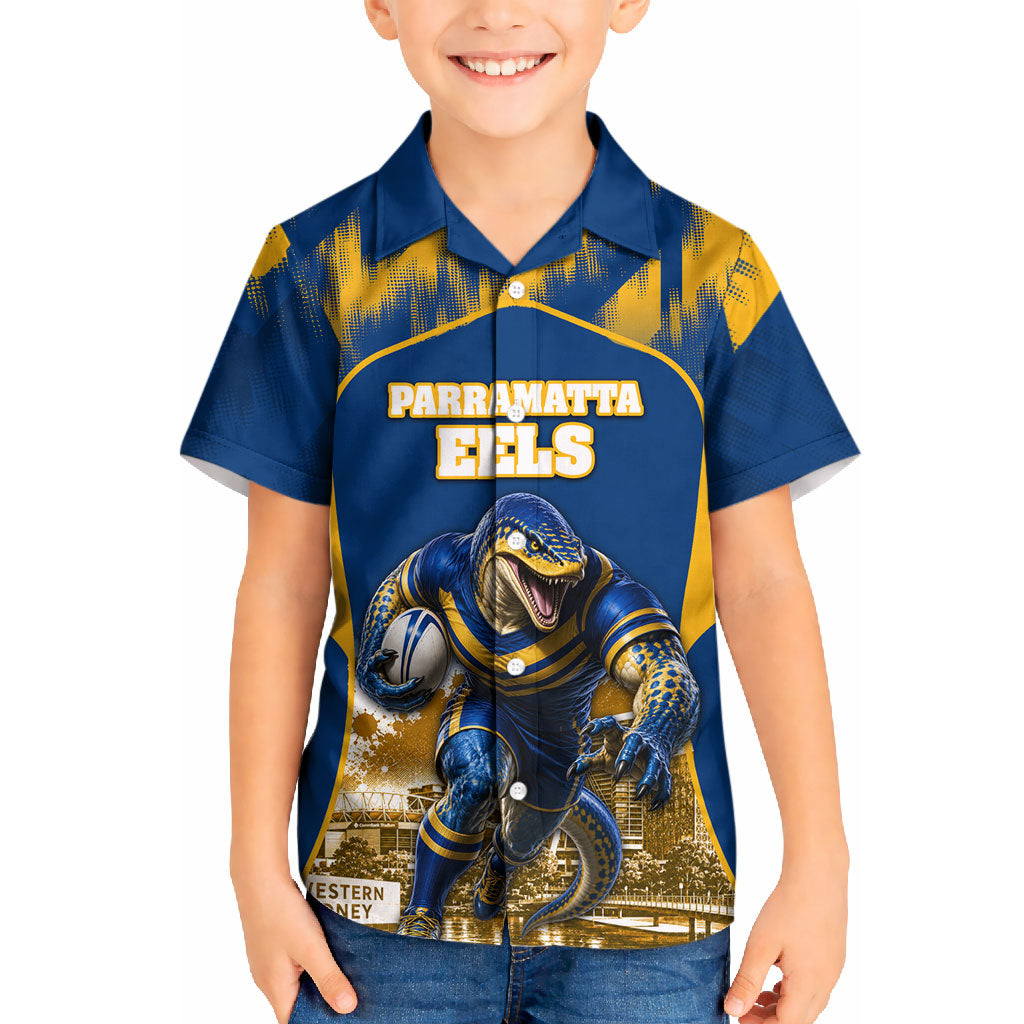 Personalised Parramatta Eels Mascot Rugby Kid Hawaiian Shirt Parramatta Cityscape Athletic Graphic Print
