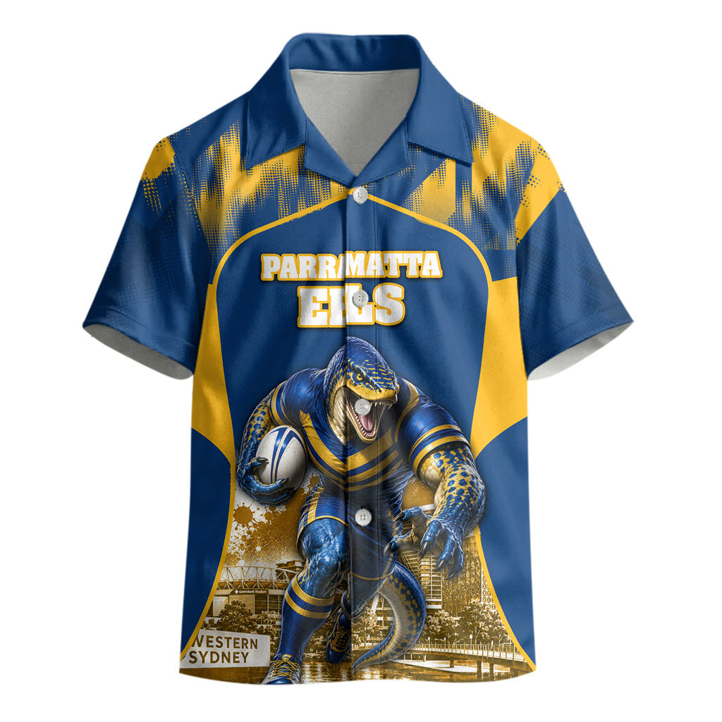 Personalised Parramatta Eels Mascot Rugby Kid Hawaiian Shirt Parramatta Cityscape Athletic Graphic Print