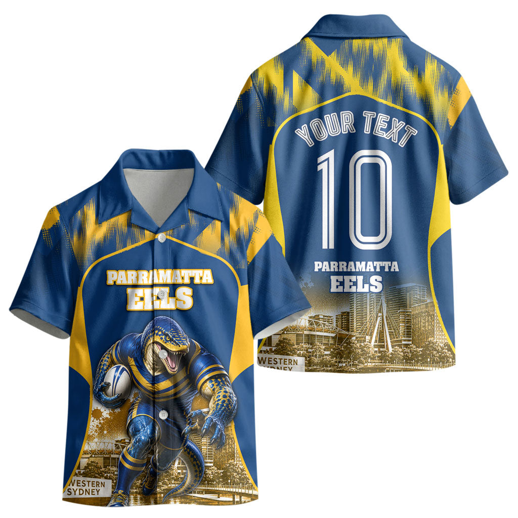 Personalised Parramatta Eels Mascot Rugby Kid Hawaiian Shirt Parramatta Cityscape Athletic Graphic Print