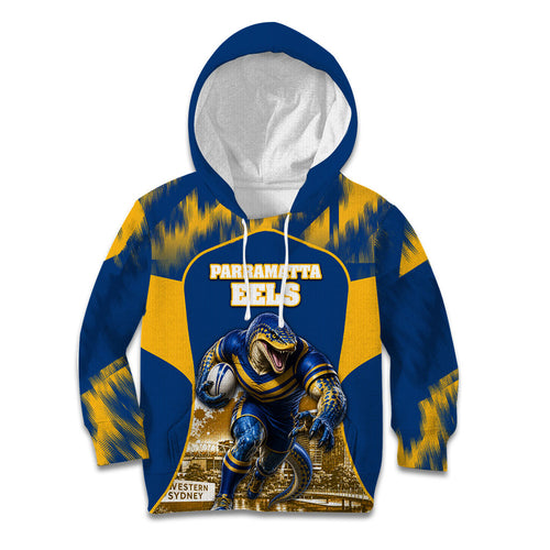Personalised Parramatta Eels Mascot Rugby Kid Hoodie Parramatta Cityscape Athletic Graphic Print