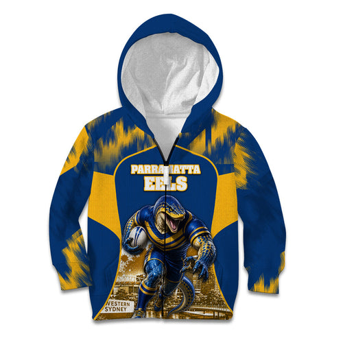 Personalised Parramatta Eels Mascot Rugby Kid Hoodie Parramatta Cityscape Athletic Graphic Print