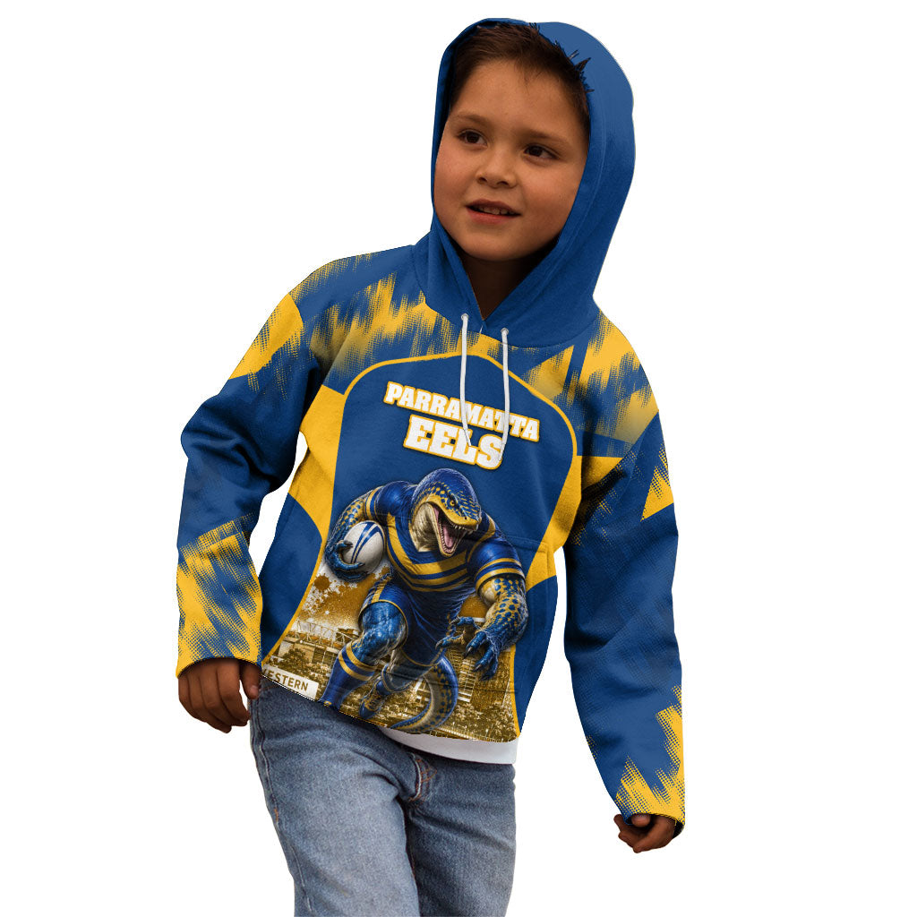 Personalised Parramatta Eels Mascot Rugby Kid Hoodie Parramatta Cityscape Athletic Graphic Print