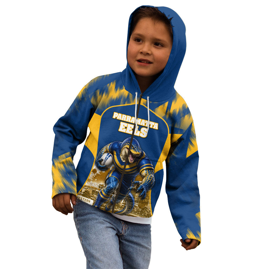 Personalised Parramatta Eels Mascot Rugby Kid Hoodie Parramatta Cityscape Athletic Graphic Print