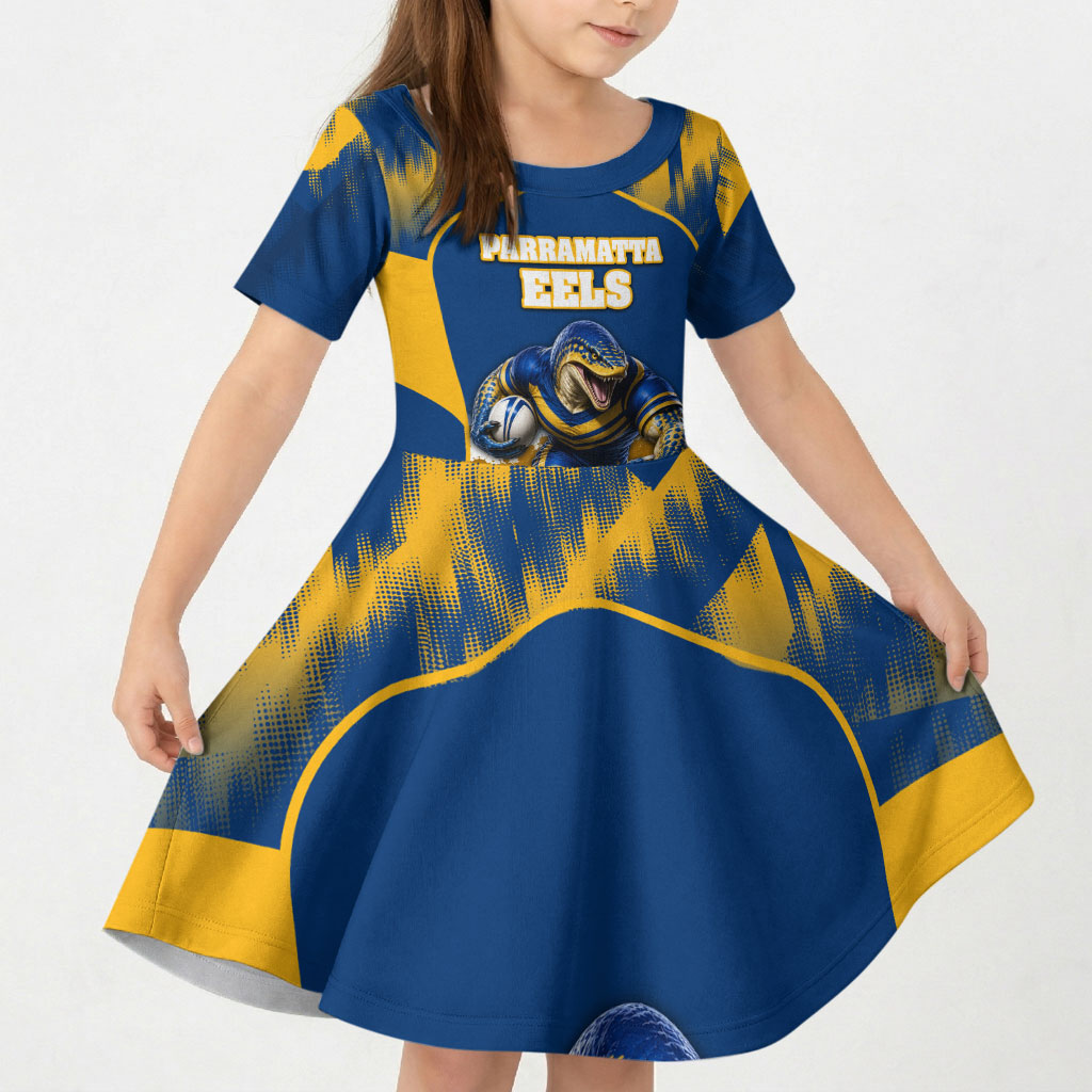 Personalised Parramatta Eels Mascot Rugby Kid Short Sleeve Dress Parramatta Cityscape Athletic Graphic Print