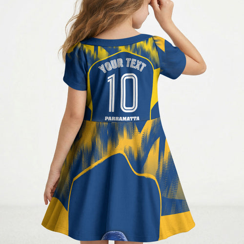 Personalised Parramatta Eels Mascot Rugby Kid Short Sleeve Dress Parramatta Cityscape Athletic Graphic Print