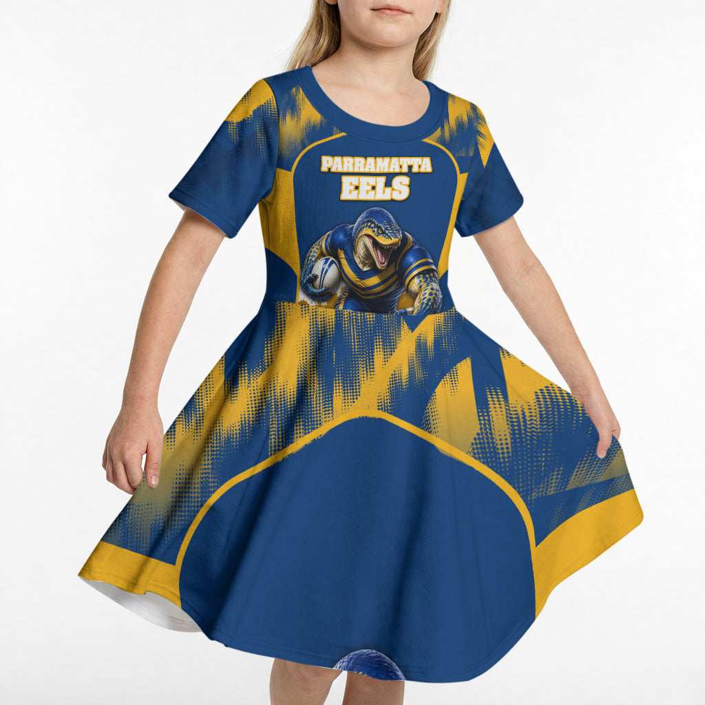 Personalised Parramatta Eels Mascot Rugby Kid Short Sleeve Dress Parramatta Cityscape Athletic Graphic Print