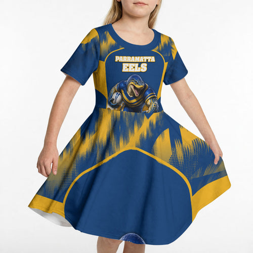 Personalised Parramatta Eels Mascot Rugby Kid Short Sleeve Dress Parramatta Cityscape Athletic Graphic Print