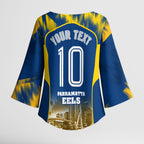 Personalised Parramatta Eels Mascot Rugby Kimono Sleeve Blouse Parramatta Cityscape Athletic Graphic Print