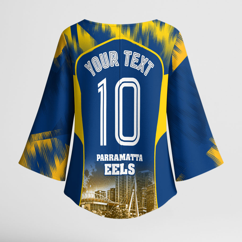 Personalised Parramatta Eels Mascot Rugby Kimono Sleeve Blouse Parramatta Cityscape Athletic Graphic Print