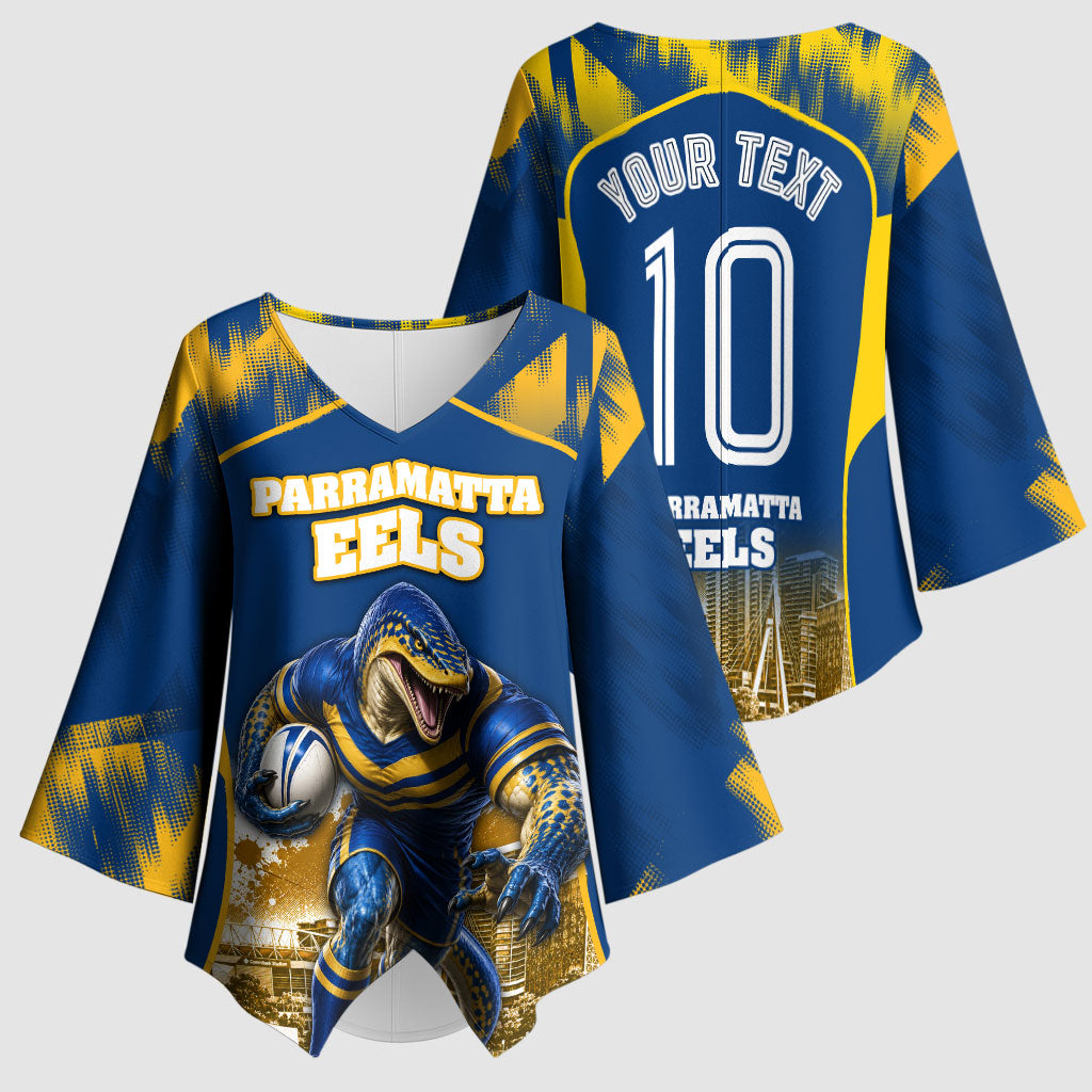 Personalised Parramatta Eels Mascot Rugby Kimono Sleeve Blouse Parramatta Cityscape Athletic Graphic Print