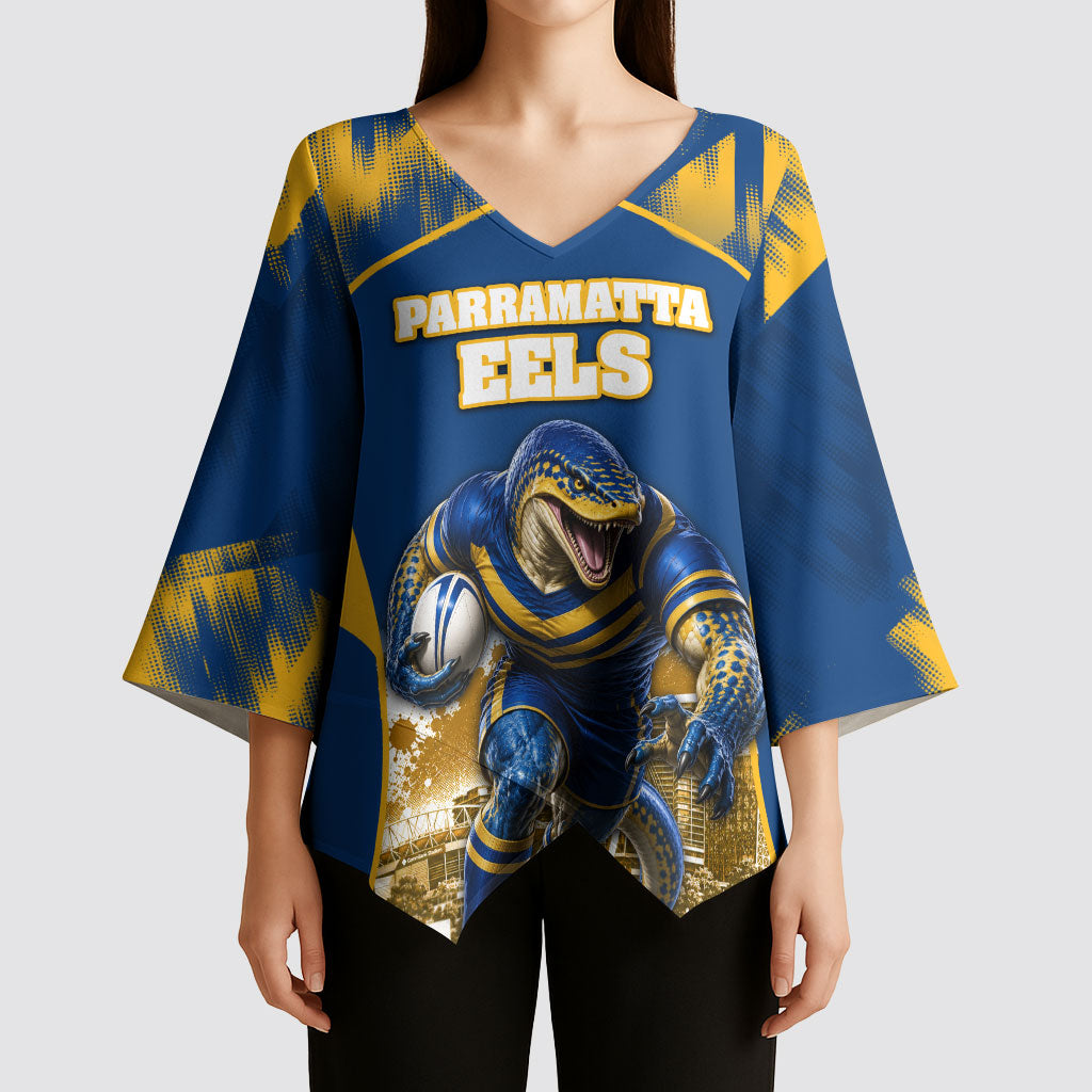 Personalised Parramatta Eels Mascot Rugby Kimono Sleeve Blouse Parramatta Cityscape Athletic Graphic Print