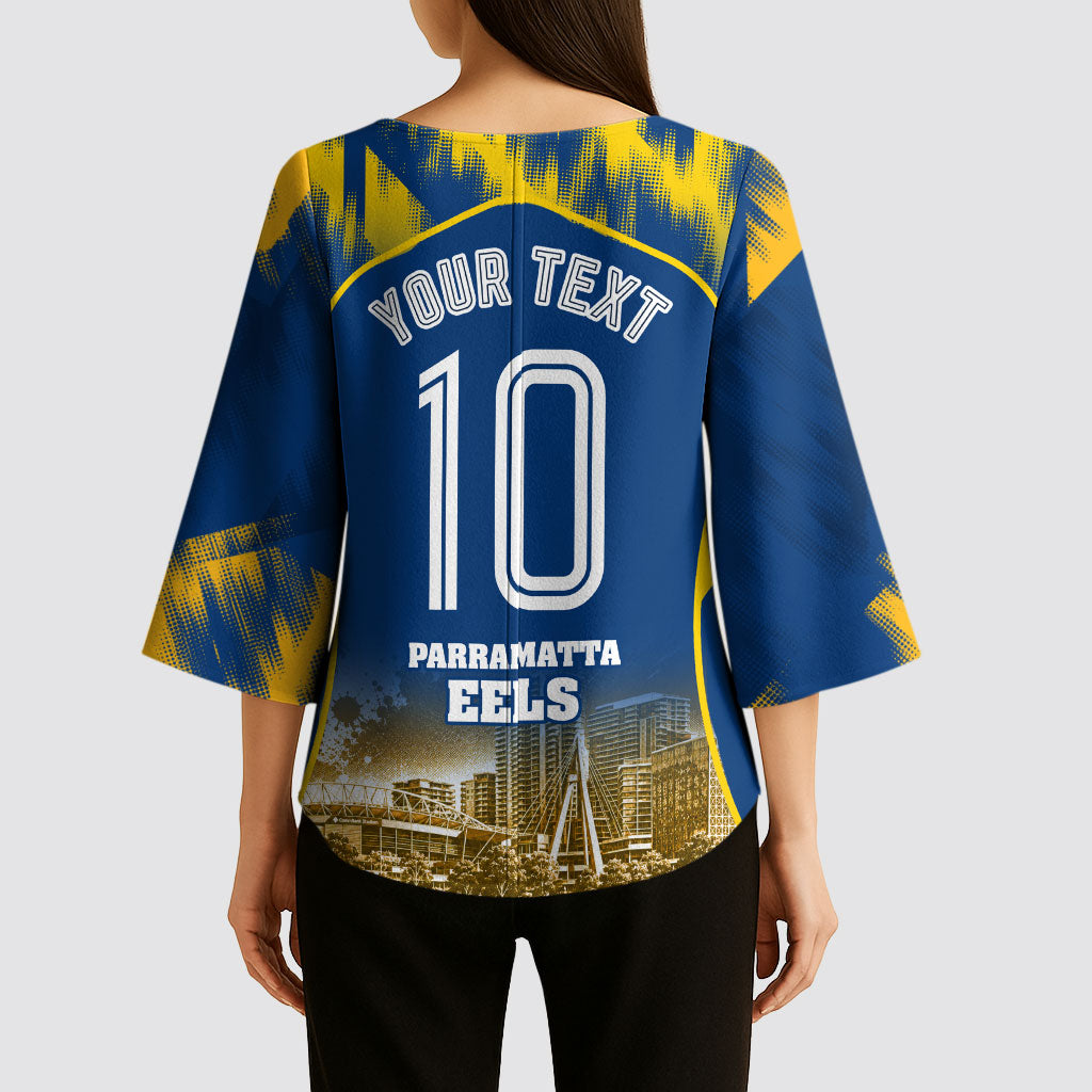 Personalised Parramatta Eels Mascot Rugby Kimono Sleeve Blouse Parramatta Cityscape Athletic Graphic Print