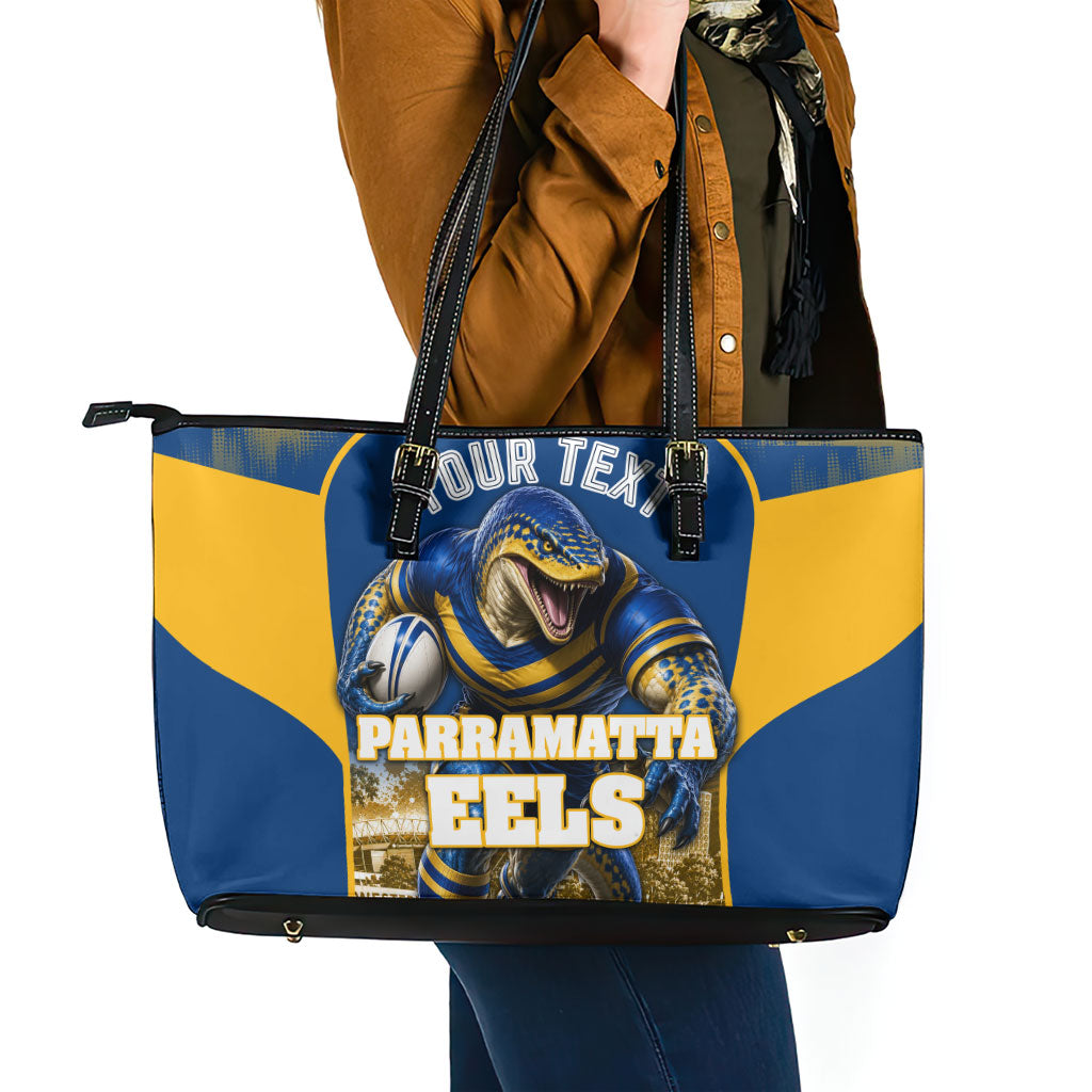 Personalised Parramatta Eels Mascot Rugby Leather Tote Bag Parramatta Cityscape Athletic Graphic Print