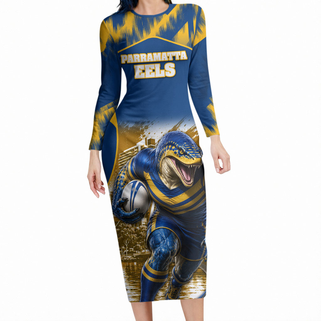Personalised Parramatta Eels Mascot Rugby Long Sleeve Bodycon Dress Parramatta Cityscape Athletic Graphic Print