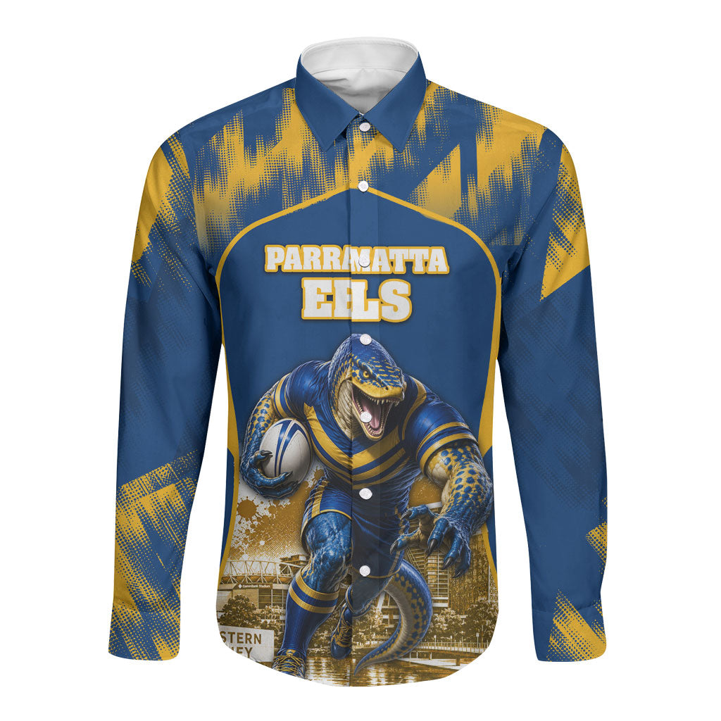Personalised Parramatta Eels Mascot Rugby Long Sleeve Button Shirt Parramatta Cityscape Athletic Graphic Print