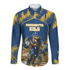 Personalised Parramatta Eels Mascot Rugby Long Sleeve Button Shirt Parramatta Cityscape Athletic Graphic Print