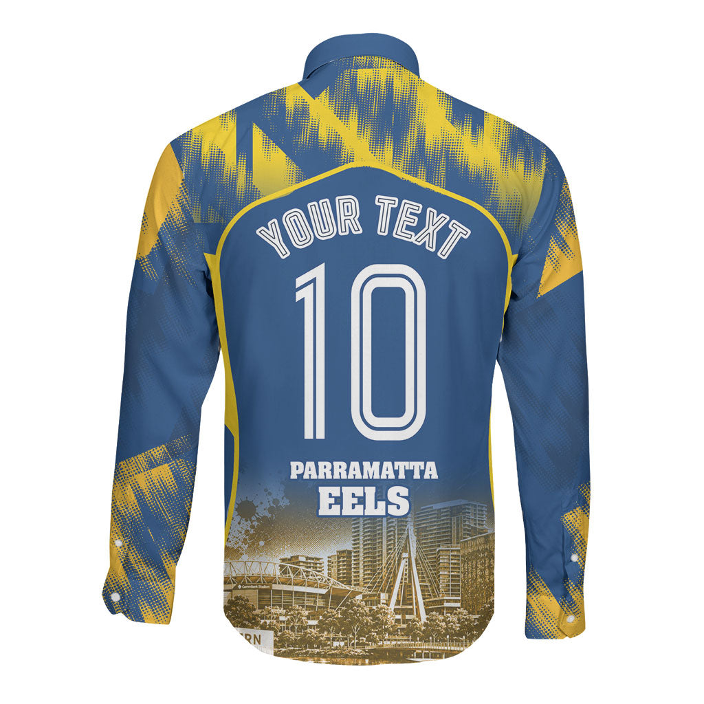 Personalised Parramatta Eels Mascot Rugby Long Sleeve Button Shirt Parramatta Cityscape Athletic Graphic Print