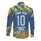 Personalised Parramatta Eels Mascot Rugby Long Sleeve Button Shirt Parramatta Cityscape Athletic Graphic Print