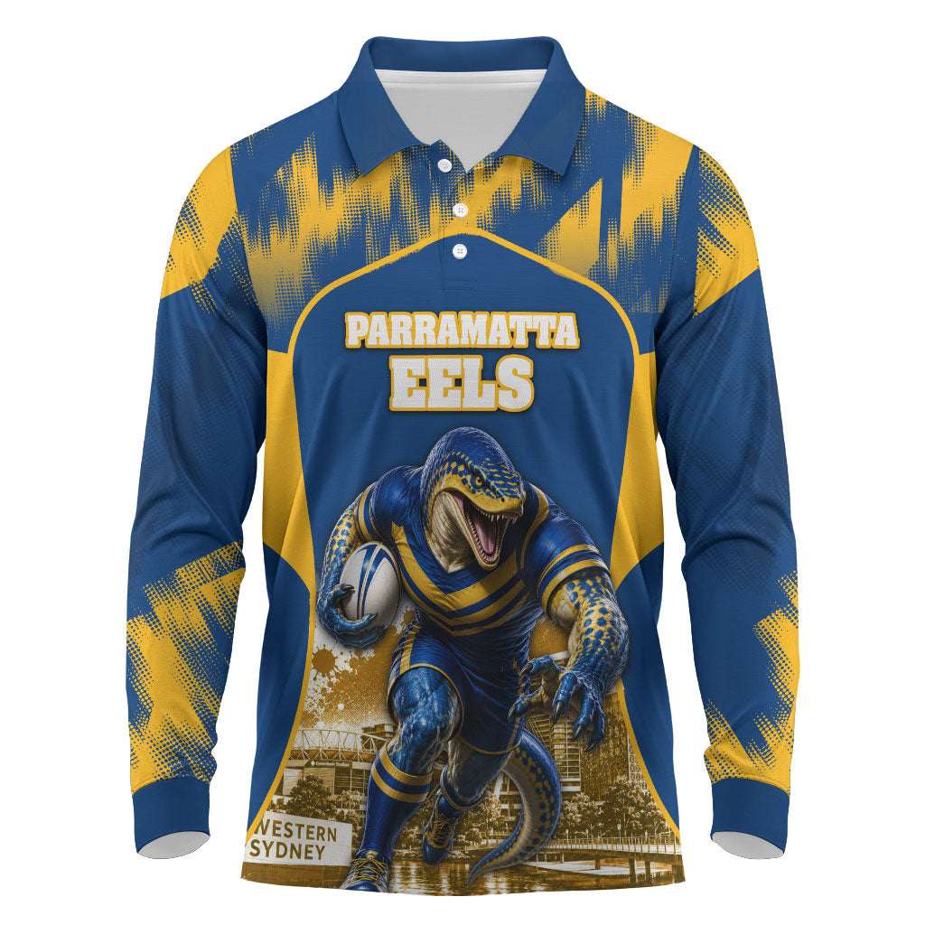 Personalised Parramatta Eels Mascot Rugby Long Sleeve Polo Shirt Parramatta Cityscape Athletic Graphic Print