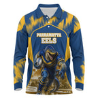 Personalised Parramatta Eels Mascot Rugby Long Sleeve Polo Shirt Parramatta Cityscape Athletic Graphic Print