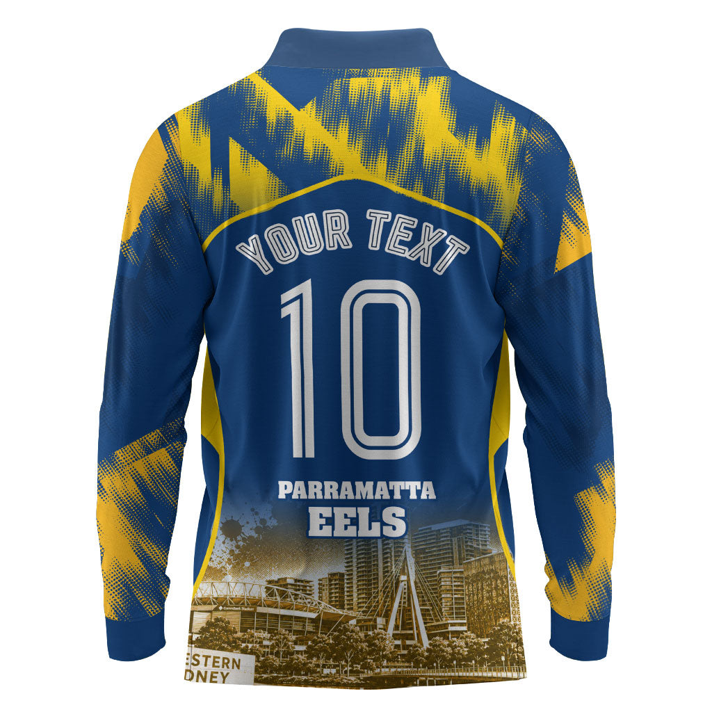 Personalised Parramatta Eels Mascot Rugby Long Sleeve Polo Shirt Parramatta Cityscape Athletic Graphic Print