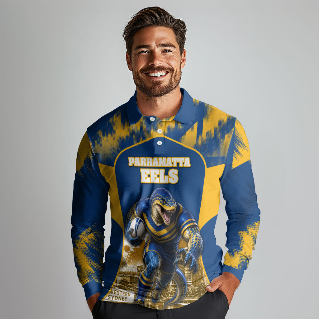 Personalised Parramatta Eels Mascot Rugby Long Sleeve Polo Shirt Parramatta Cityscape Athletic Graphic Print