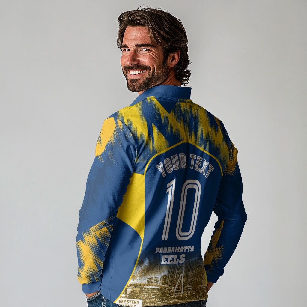 Personalised Parramatta Eels Mascot Rugby Long Sleeve Polo Shirt Parramatta Cityscape Athletic Graphic Print