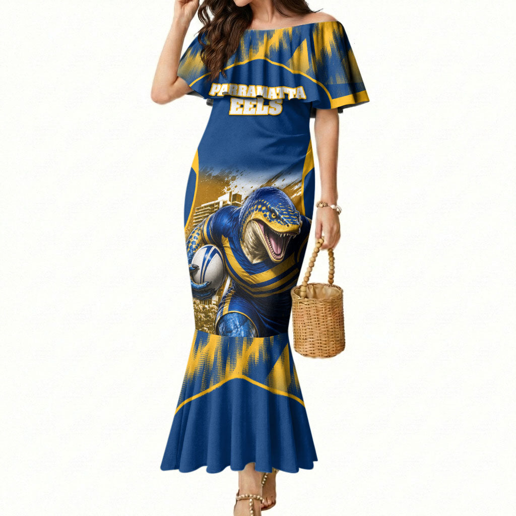 Personalised Parramatta Eels Mascot Rugby Mermaid Dress Parramatta Cityscape Athletic Graphic Print