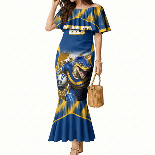 Personalised Parramatta Eels Mascot Rugby Mermaid Dress Parramatta Cityscape Athletic Graphic Print